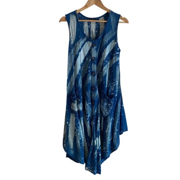Shiva Fashions Blue Tie-Dye Sleeveless Swing Dress One Size Pocket Boho Festival - Picture 1 of 11